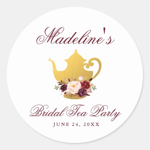 Tea Party Bridal Shower Floral Burgundy Small Classic Round Sticker