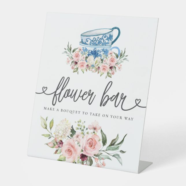 Tea Party Bridal Shower Flower Bar Pedestal Sign (Front)