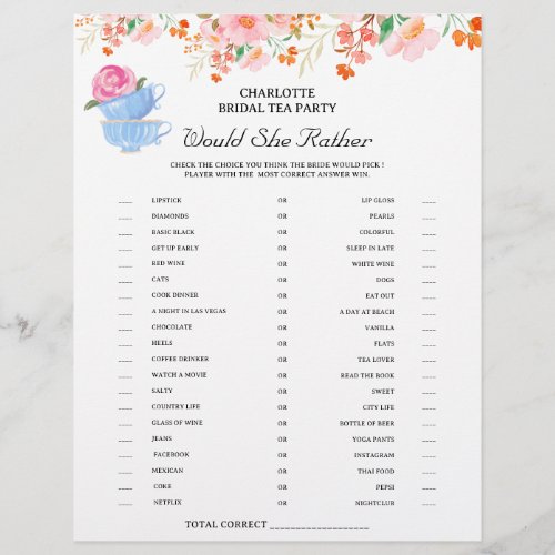 Tea Party Bridal Shower Games Flyer
