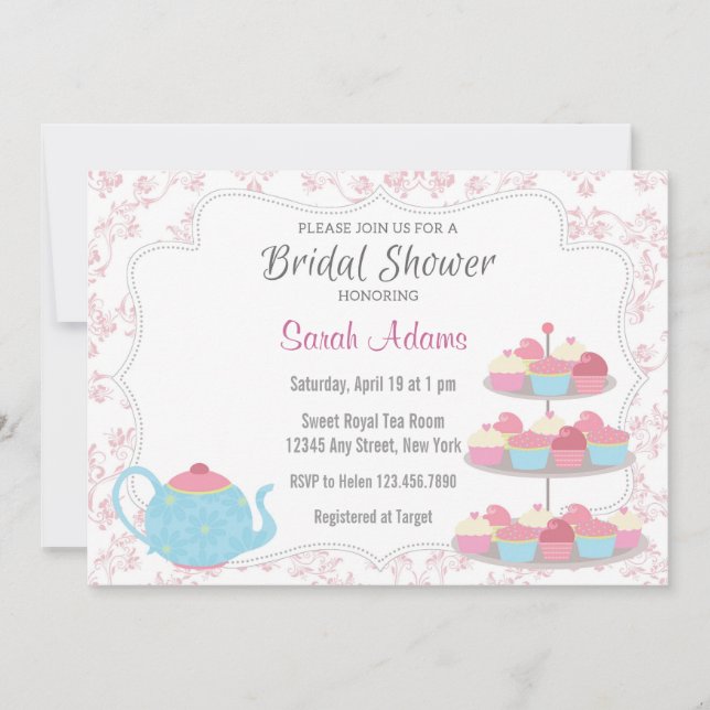 Tea Party Bridal Shower Invitation Pink Floral (Front)