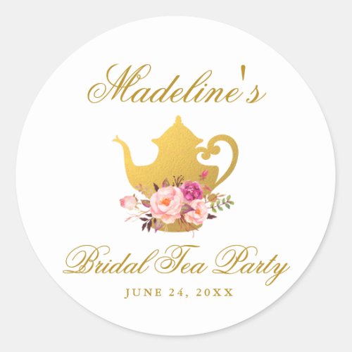 Tea Party Bridal Shower Pink Floral Small Classic Round Sticker