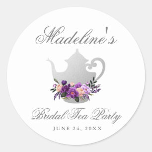 Tea Party Bridal Shower Purple Violet Small Classic Round Sticker