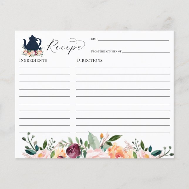 Tea Party Bridal Shower Recipe card (Front)