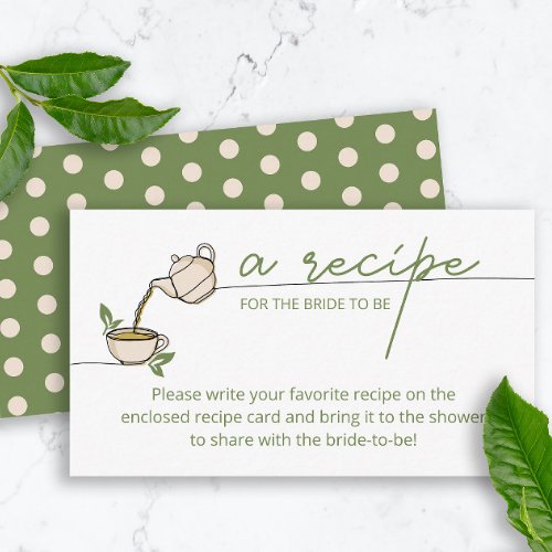 Tea Party Bridal Shower Recipe for the bride  Enclosure Card