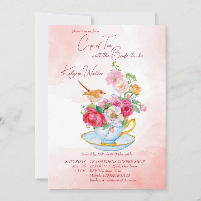 Tea party bridal shower tea cup with flowers pink invitation (Front)