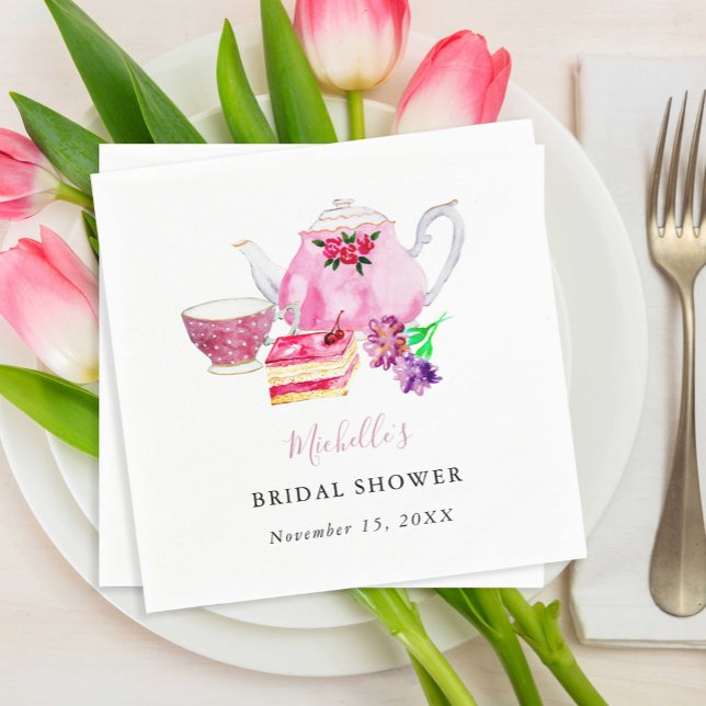 Tea Party Bridal Shower Teapot Dusty Rose Pink Napkins (Creator Uploaded)