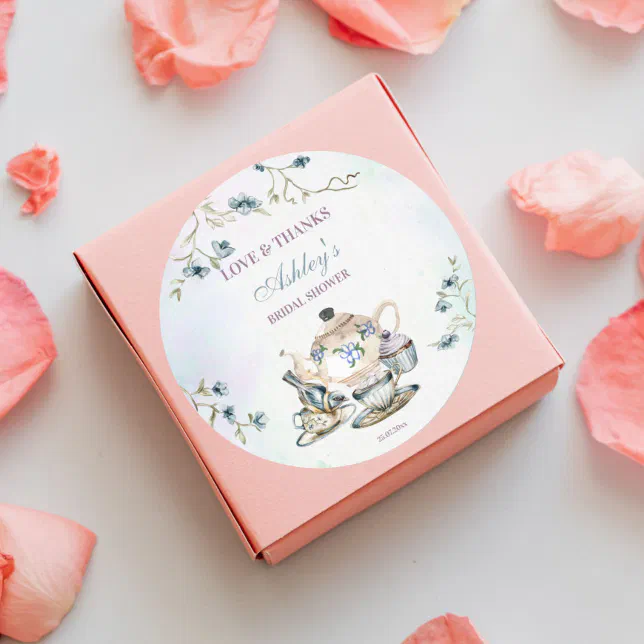 Tea party bridal shower thank you favor classic round sticker | Zazzle