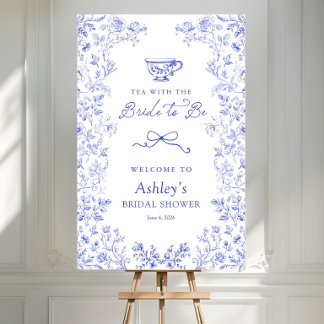 Tea Party Bridal Shower Welcome Sign – Blue Floral