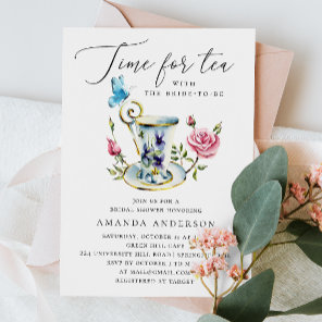 Tea Party Bridal Shower with Butterfly & Pink Rose Invitation