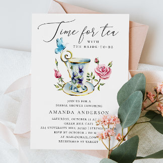Tea Party Bridal Shower with Butterfly & Pink Rose Invitation