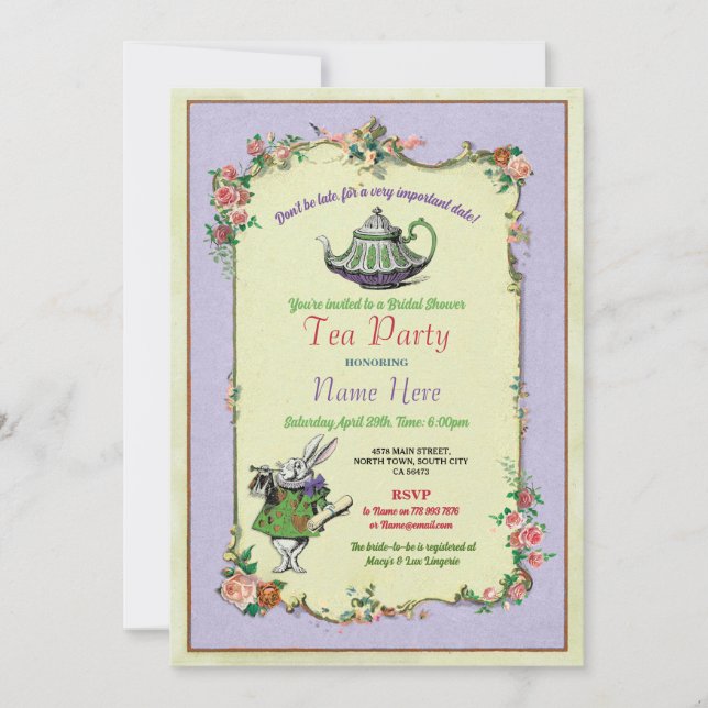 Tea Party Bridal Shower Wonderland Teapot Rabbit Invitation (Front)