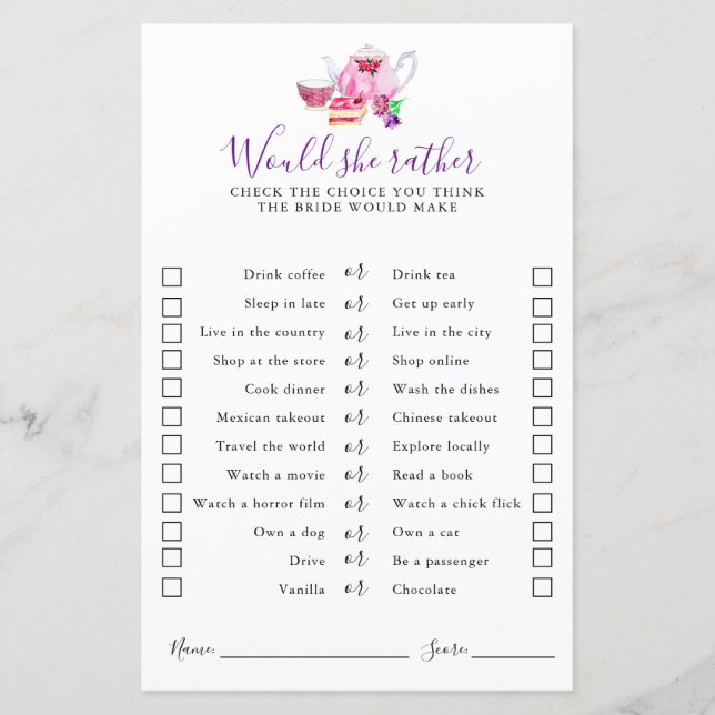 Tea Party Bridal Shower Would she rather game  (Front)