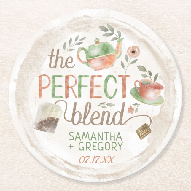 Tea Party Bridal Wedding Shower The Perfect Blend Round Paper Coaster (Front)