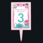 Tea Party Cake Pick<br><div class="desc">This tea party cake pick is decorated with a teal green teapot sitting next to a stack of teal green and pink teacups on the bottom. At the top there are two pretty little girls adorned in dresses sitting in a teacup. Three butterflies are at the center of the top...</div>