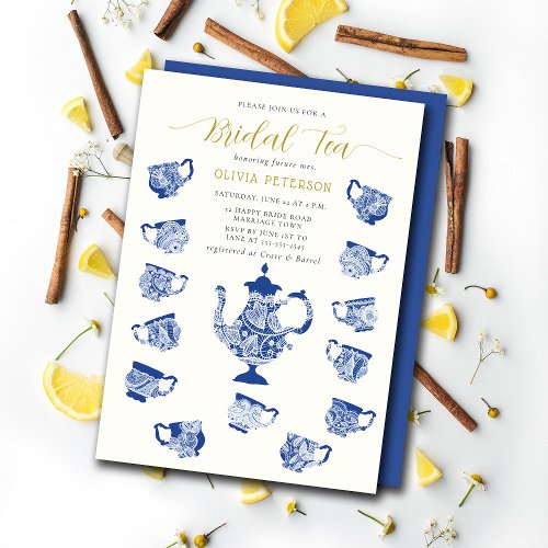 Tea Party Chinoiserie Lace Navy Bridal Shower Invitation