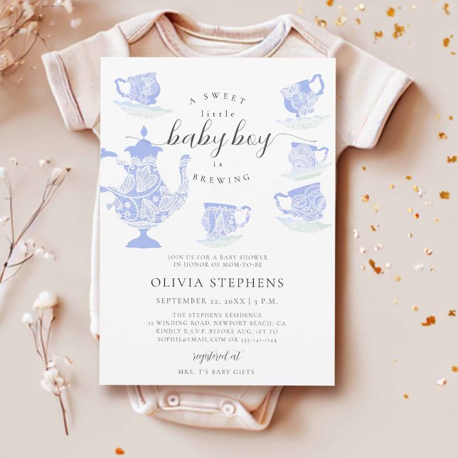 Tea Party Elegant Boho Lace Set Baby Boy Shower Invitation (baby brewing tea party invitation boy blue lace tea set elegant modern boho chic cute watercolor)