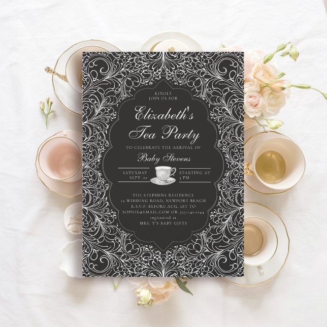 Tea Party Elegant Lace Black White Baby Shower Invitation (baby tea party shower invitation elegant frame modern classic chic lace black white elegant formal)