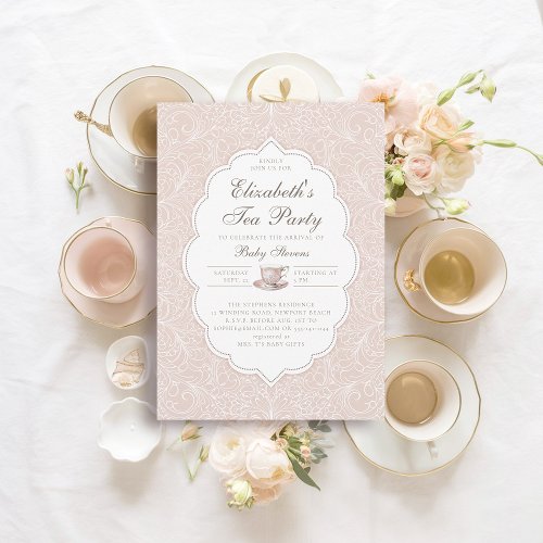 Tea Party Elegant Lace Peach Pink Girl Baby Shower Invitation