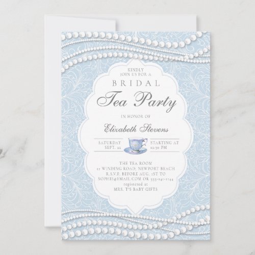 Tea Party Elegant Lace Pearls Blue Bridal Shower Invitation