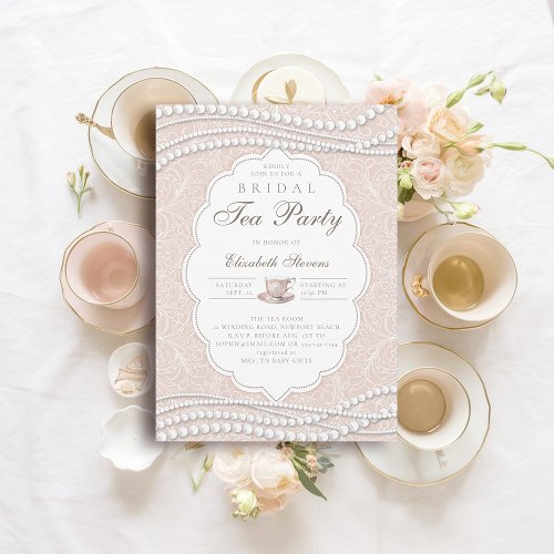 Tea Party Elegant Lace Pearls Peach Bridal Shower Invitation