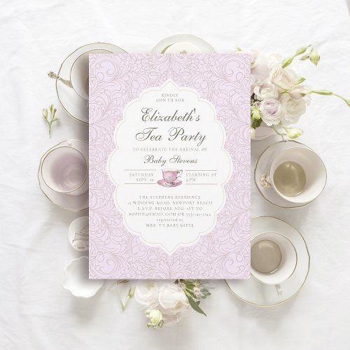 Tea Party Elegant Lace Purple Girl Baby Shower Invitation