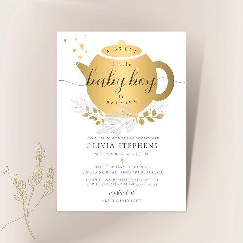 Tea Party Elegant Modern Gold Greenery Baby Shower Invitation