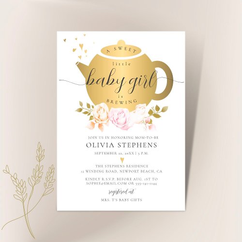 Tea Party Elegant Modern Gold Roses Baby Shower Invitation