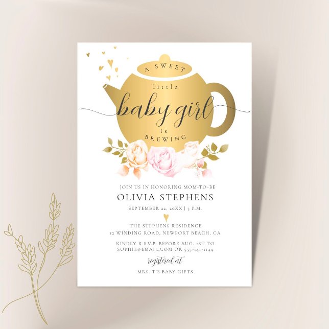 Tea Party Elegant Modern Gold Roses Baby Shower Invitation (Creator Uploaded)