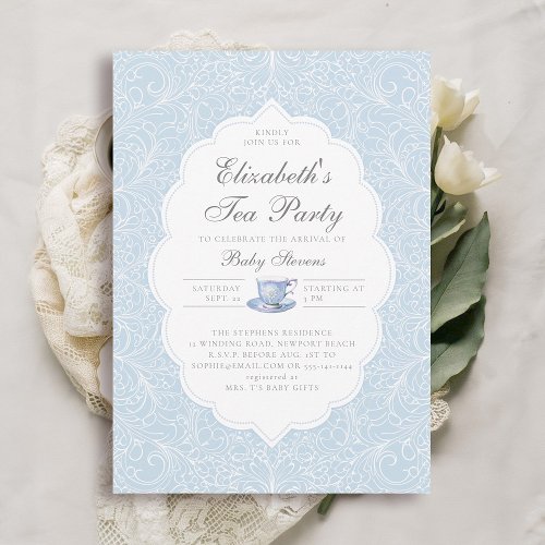 Tea Party Elegant Modern Lace Blue Boy Baby Shower Invitation