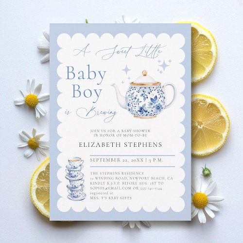 Tea Party Elegant Modern Sweet Baby Boy Shower Invitation