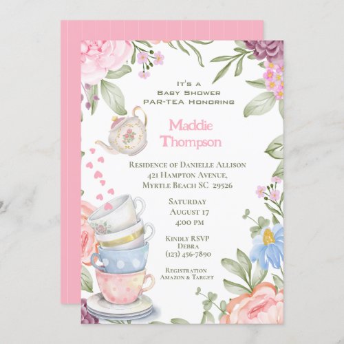 Tea Party Elegant Pink Green  Baby Shower     Invitation