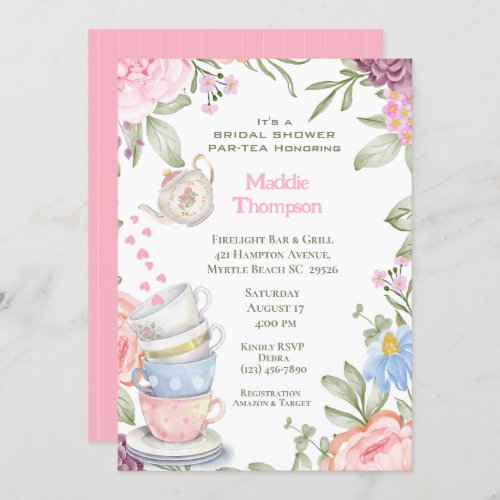Tea Party Elegant Pink Green Bridal Shower     Invitation