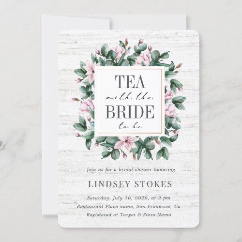 Tea Party Eucalyptus Wood Rustic Bridal Shower Invitation