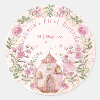 Tea Party Fairy Girl Blush Pink Flowers Birthday Classic Round Sticker