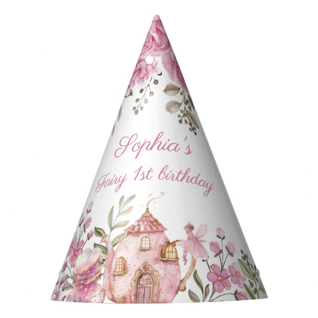 Tea Party Fairy Girl Blush Pink Flowers Birthday Hat (Front)