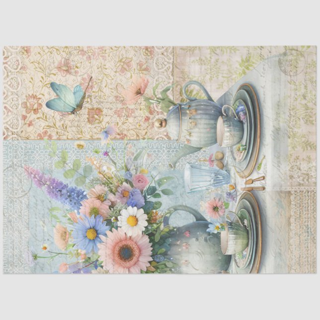 Tea Party Floral Pastel Bouquet Blue Pink Preppy Tissue Paper (Front)