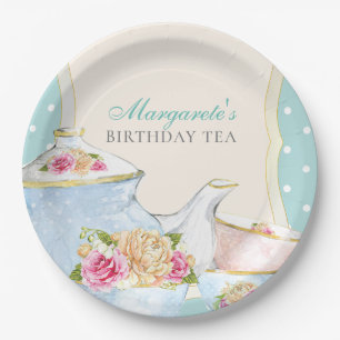 Tea Party Floral Personalized Birthday Paper Plates