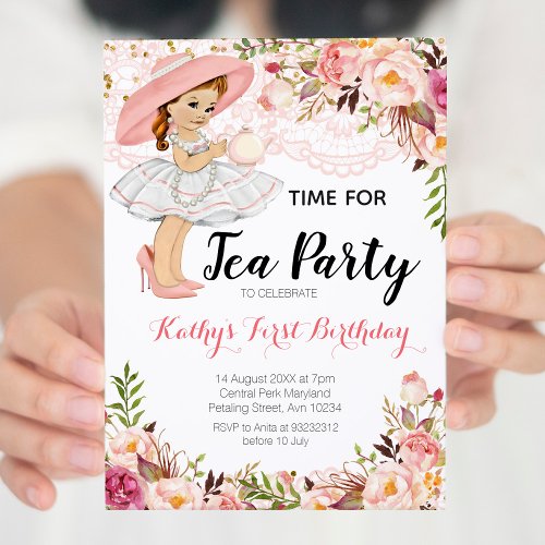 Tea Party Floral Pink Girl Birthday Invitation