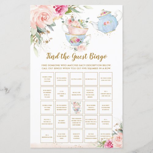 Tea Party Floral Shower Find the Guest Bingo Game