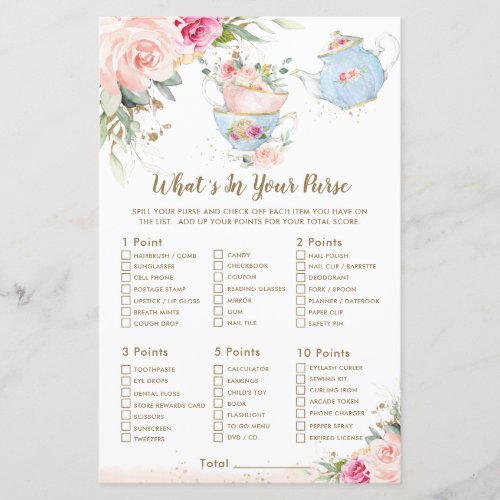 Tea Party Floral Shower Whats In Your Purse Game