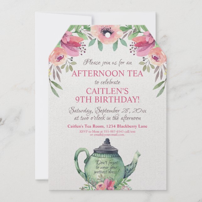 Tea Party Floral Tea Pot Birthday Invitation (Front)