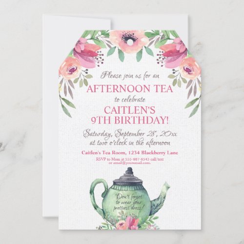 Tea Party Floral Tea Pot Birthday Invitation