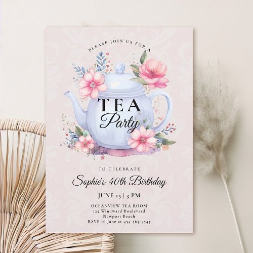 Tea Party Floral Teapot Damask Pink 40th Birthday Invitation