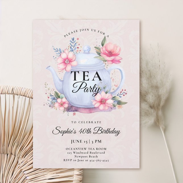 Tea Party Floral Teapot Damask Pink 40th Birthday Invitation (40th birthday invitation tea party floral teapot wildflowers watercolor elegant modern chic)