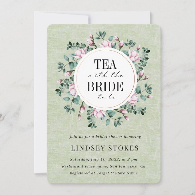 Tea Party Floral Wreath Sage  Rustic Bridal Shower Invitation (Front)