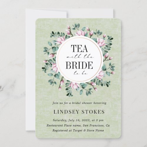 Tea Party Floral Wreath Sage  Rustic Bridal Shower Invitation