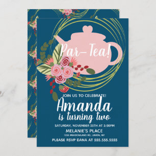 Tea Party Floral Wreath Whimisical Pink Red Blue Invitation