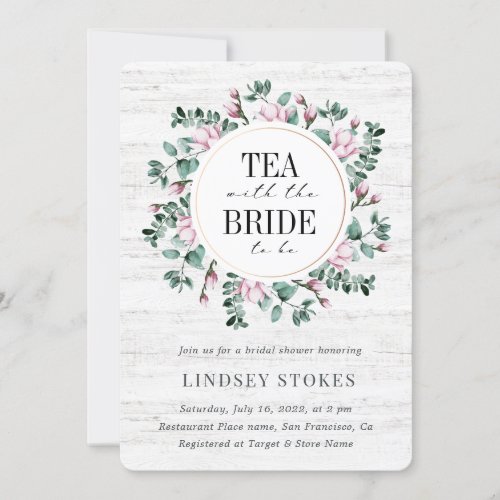 Tea Party Flower Wreath Wood Rustic Bridal Shower Invitation