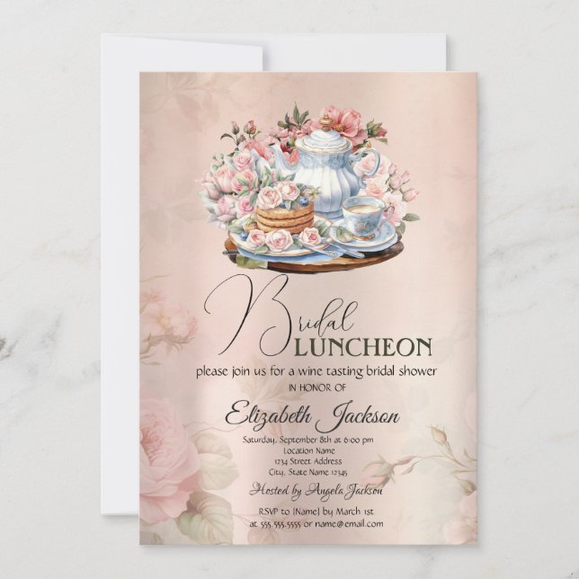 Tea Party Flowers Vintage Bridal Luncheon Invitation (Front)