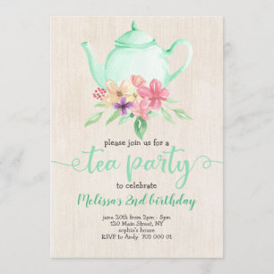 Tea Party Girl Birthday Mint Teal Watercolor Invitation